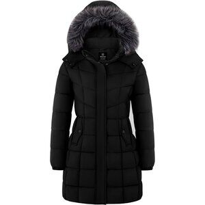 Women's Puffer Jacket Coat Black Lightweight Windproof Winter Faux Fur Design